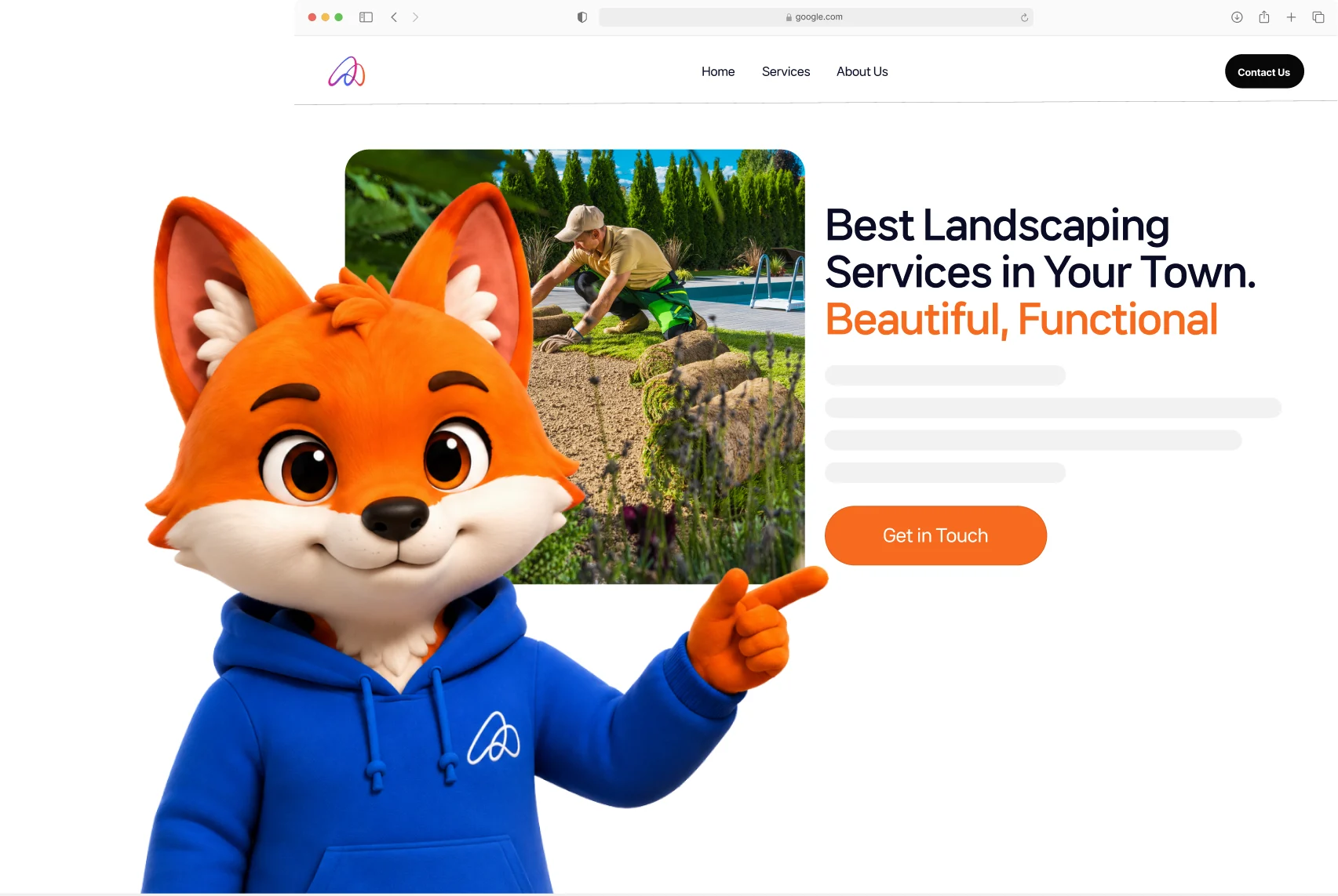 Appropriate mascot pointing at a finished landscaping website